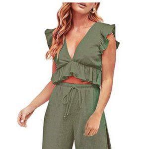FANCYINN Deep V Neck Crop Top & Pant Set, Olive Green, US Size XL